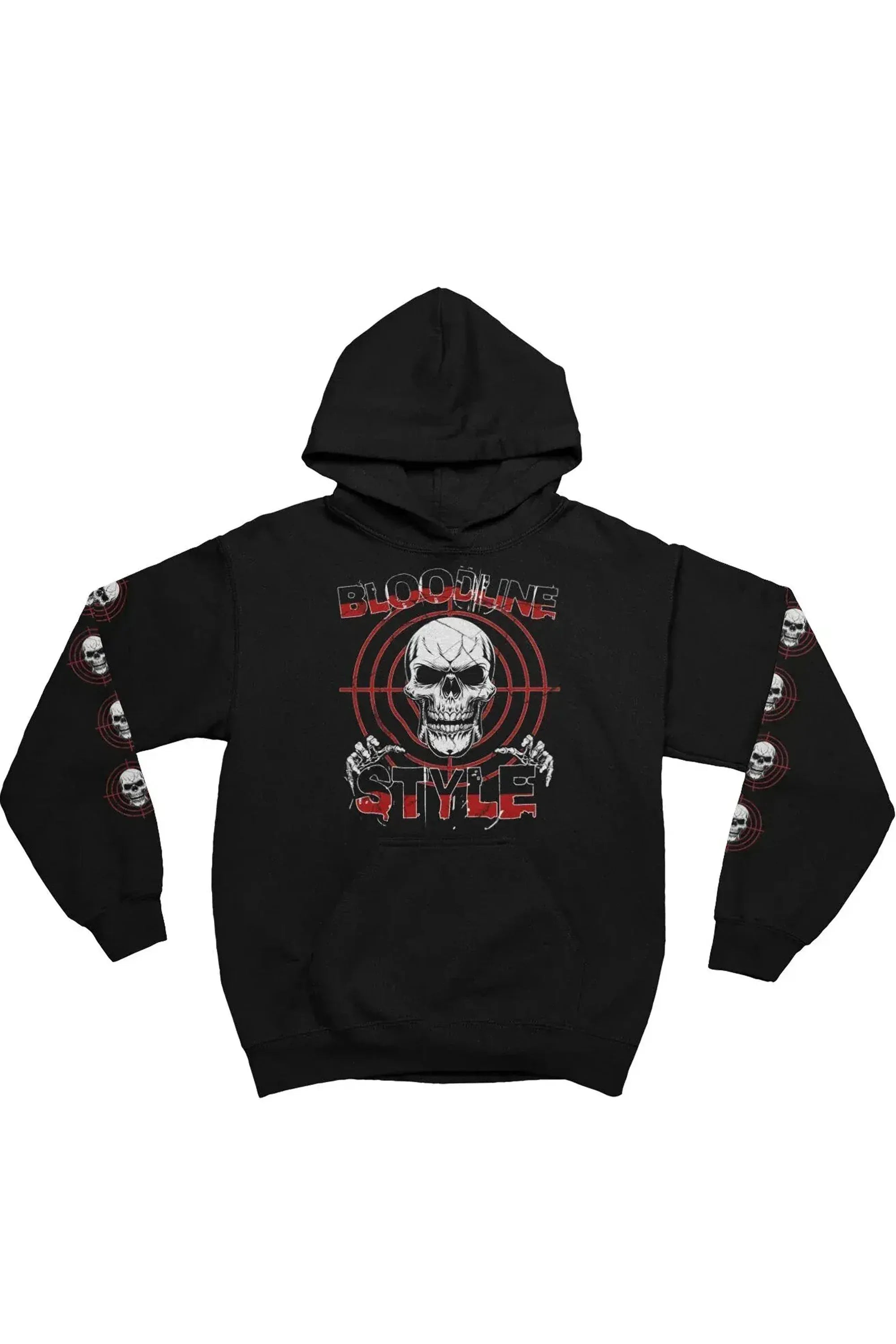 A black pullover hoodie featuring a large graphic on the front with a skull, red target lines, and the text 'BLOODLINE STYLE'. The sleeves also feature a repeating graphic print of the skull design.